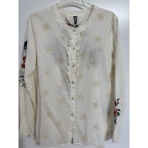 We Women Button Up Ivory Blouse With Embroidered Birds Eyelet‎ Ruffle Front